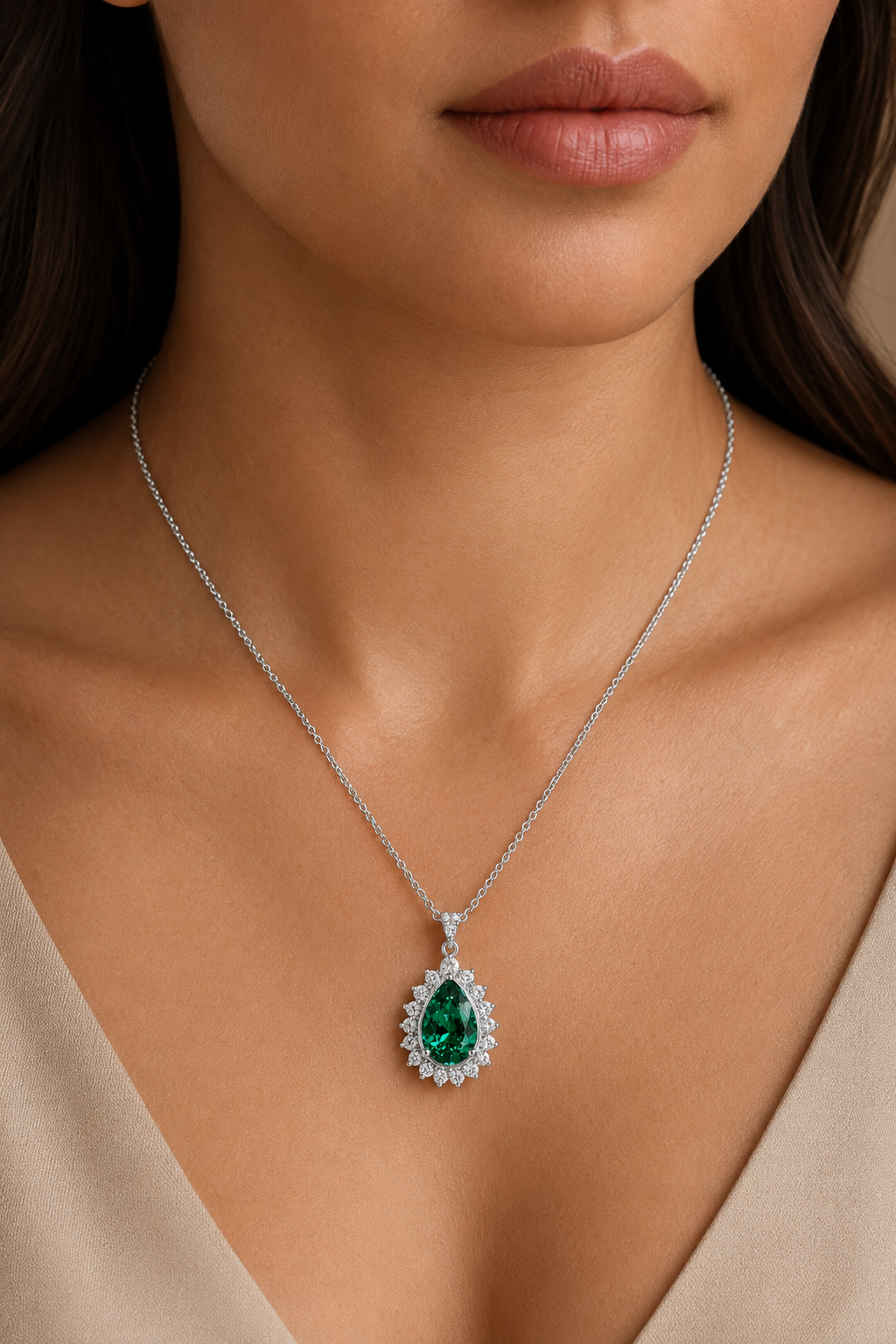 Pear-Cut Emerald Halo Pendant