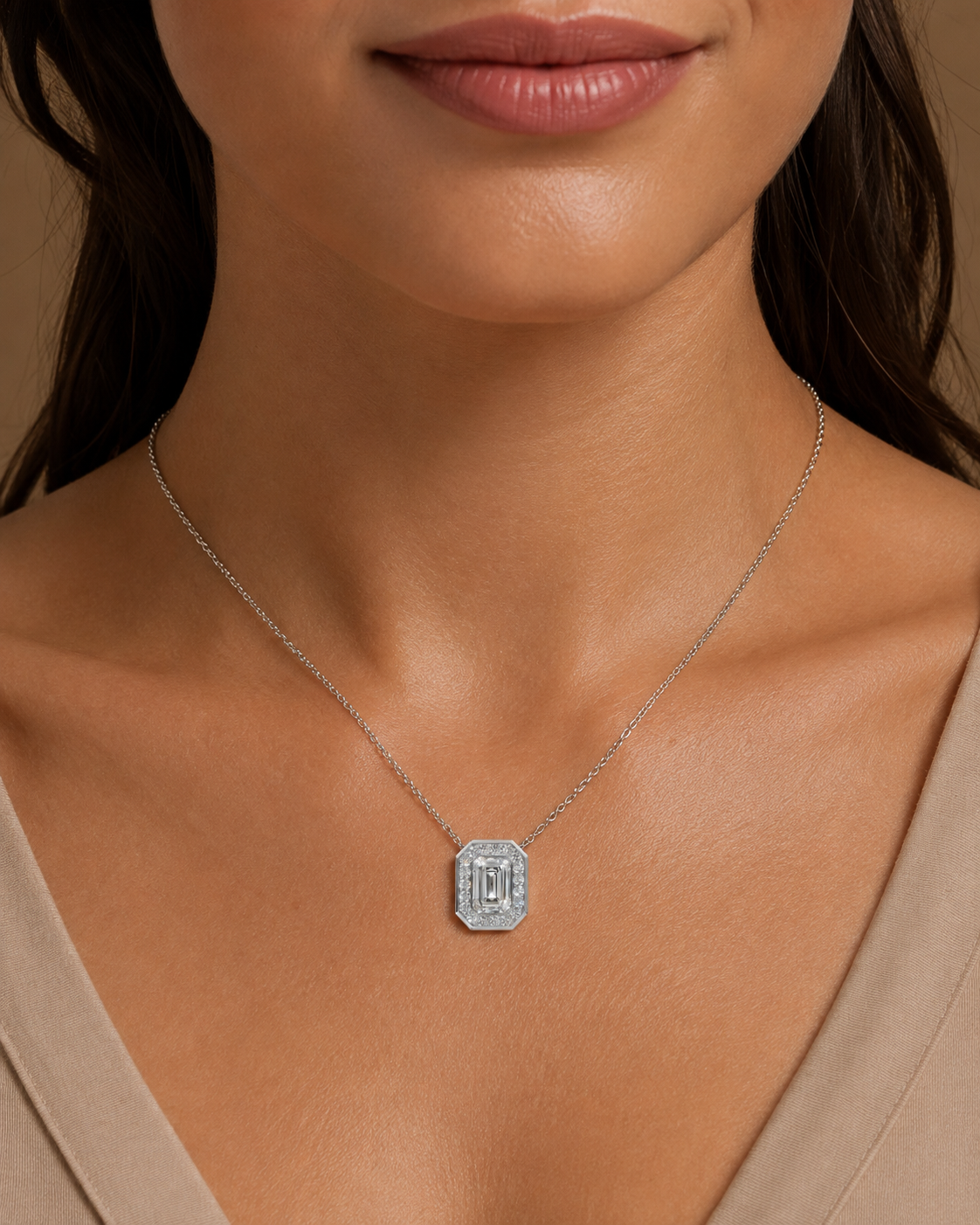 Emerald Diamond Halo Pendant