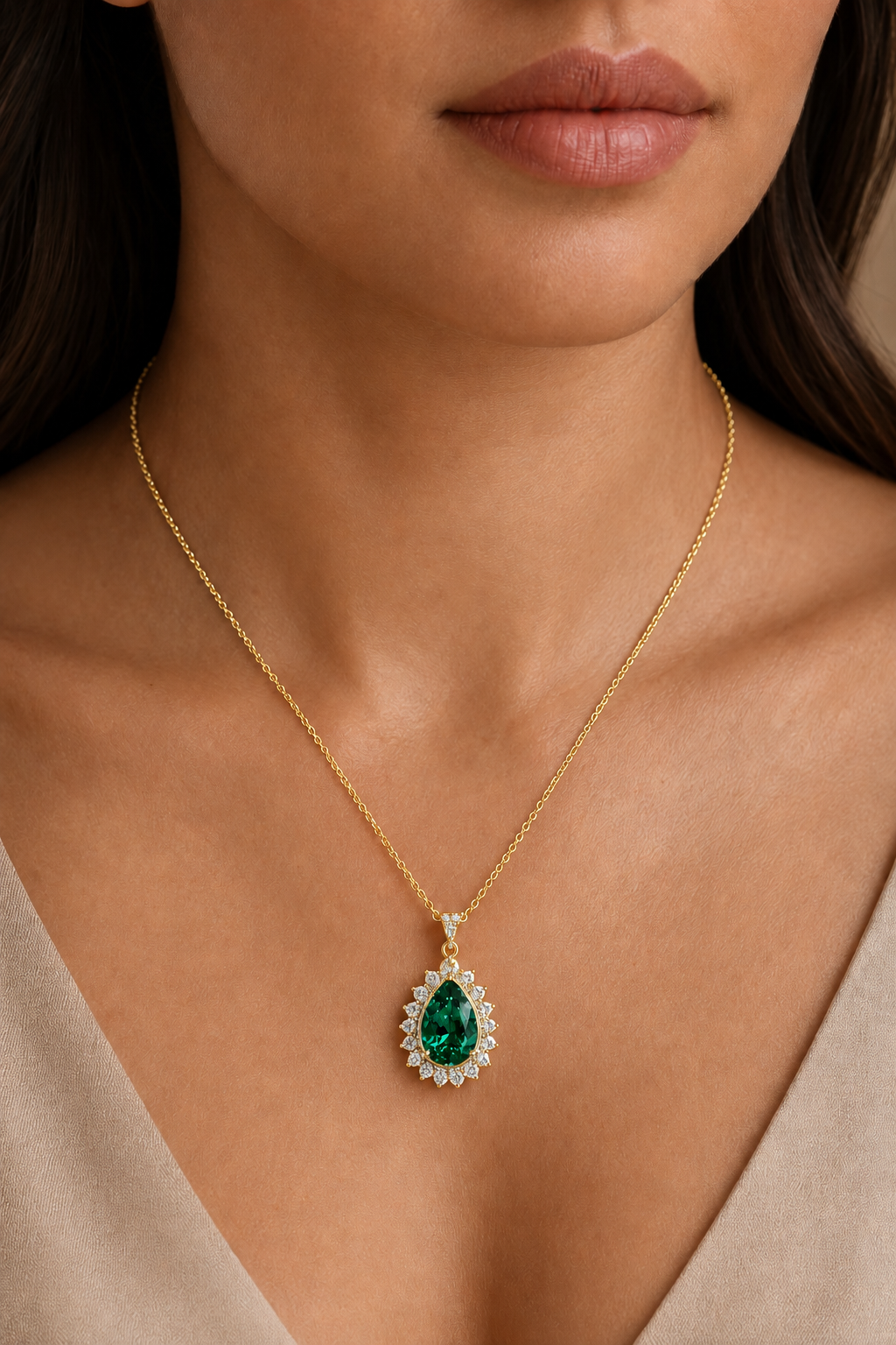 Pear-Cut Emerald Halo Pendant