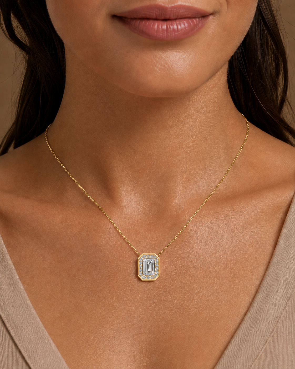 Emerald Diamond Halo Pendant