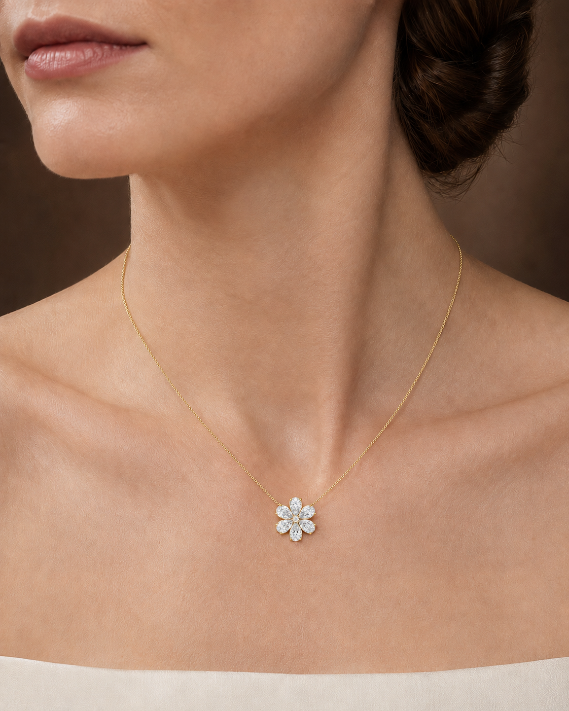 Pear Diamond Flower Necklace