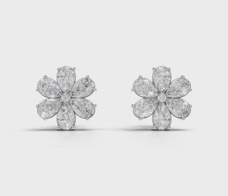 Pear Diamond Flower Stud Earrings