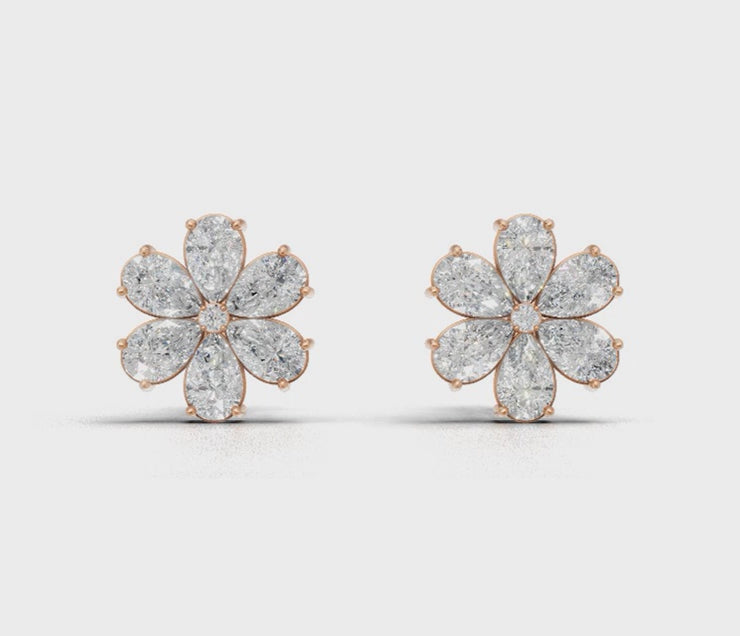 Pear Diamond Flower Stud Earrings