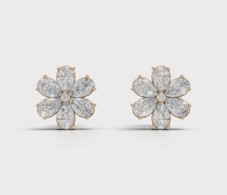 Pear Diamond Flower Stud Earrings