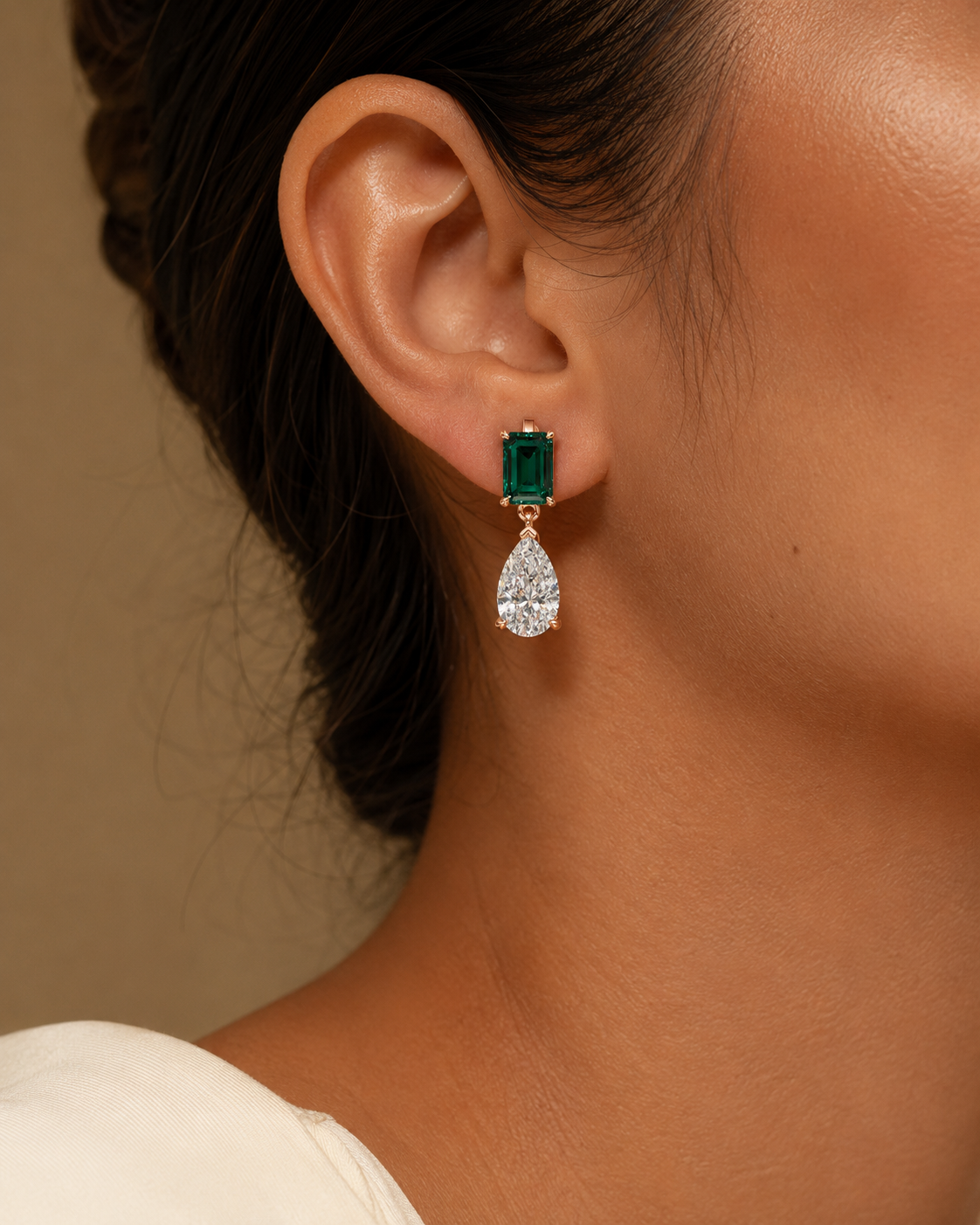 Emerald & Pear Diamond Drop Earrings