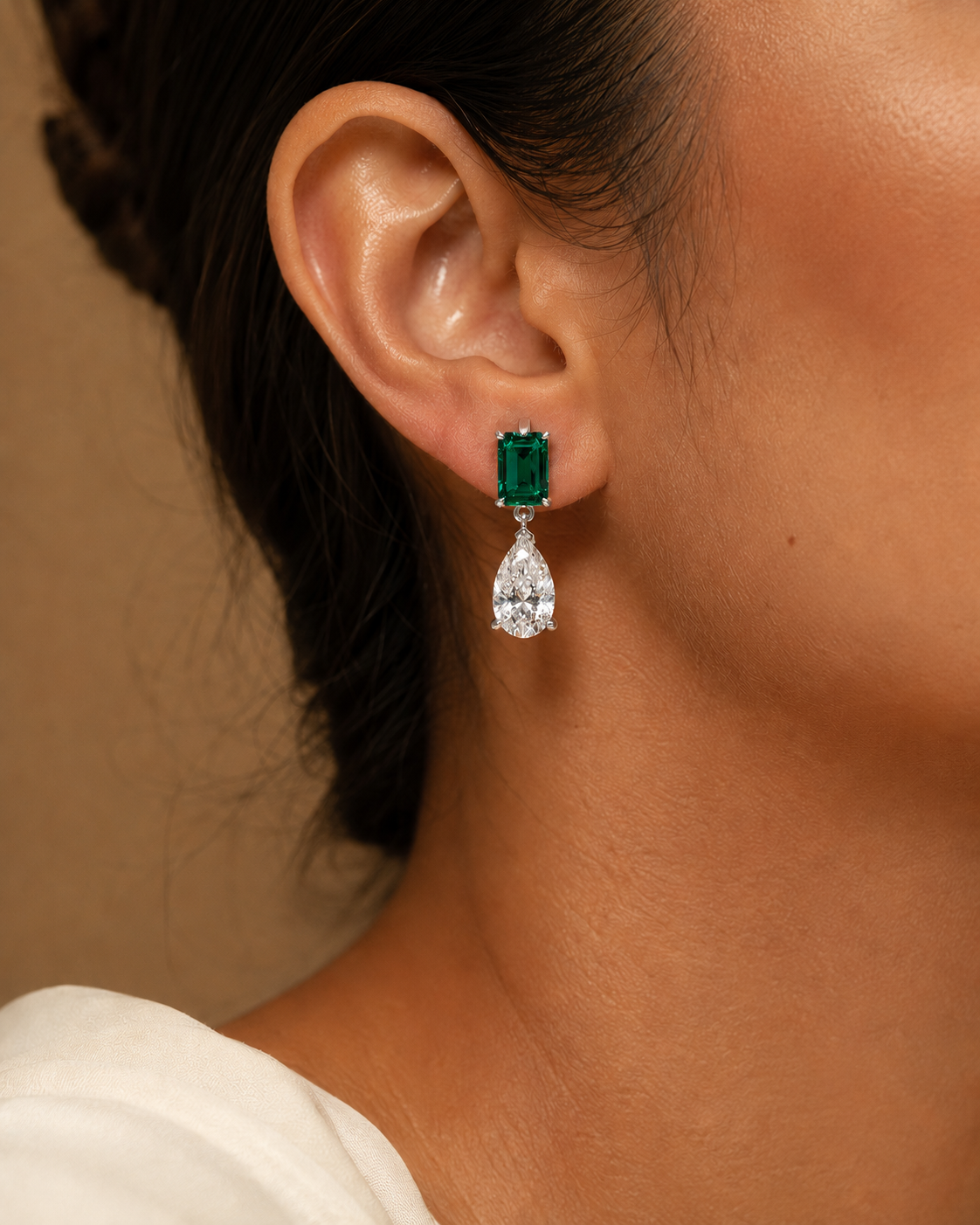Emerald & Pear Diamond Drop Earrings