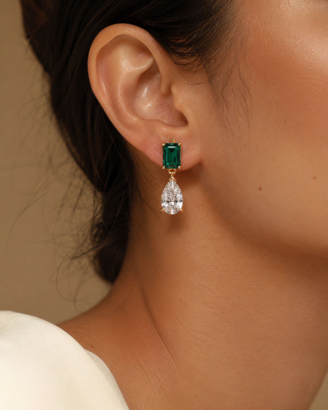 Emerald & Pear Diamond Drop Earrings